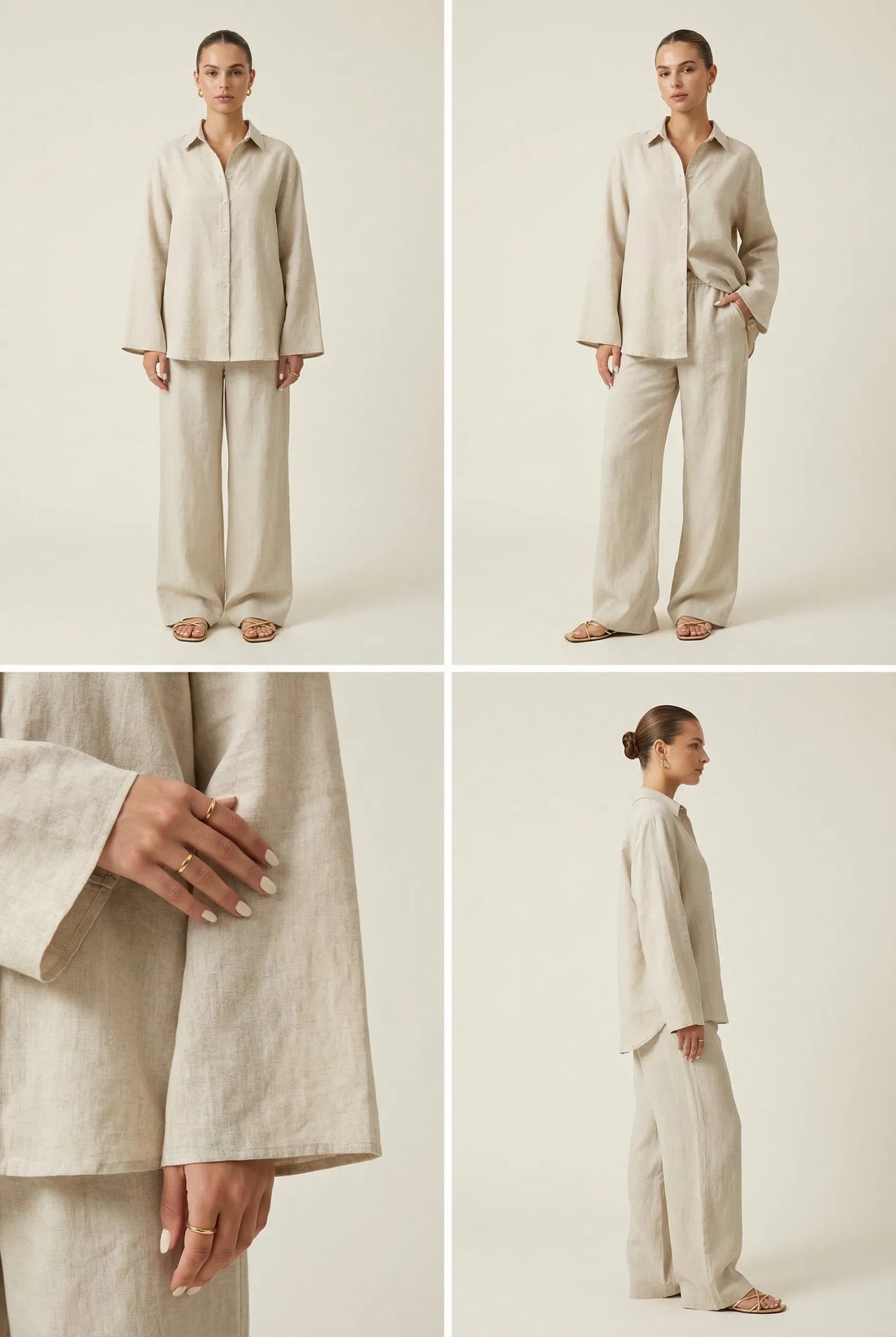 Lniany komplet w stylu boho z szerokimi rękawami w kolorze szarobeżowym - Miss Leisure