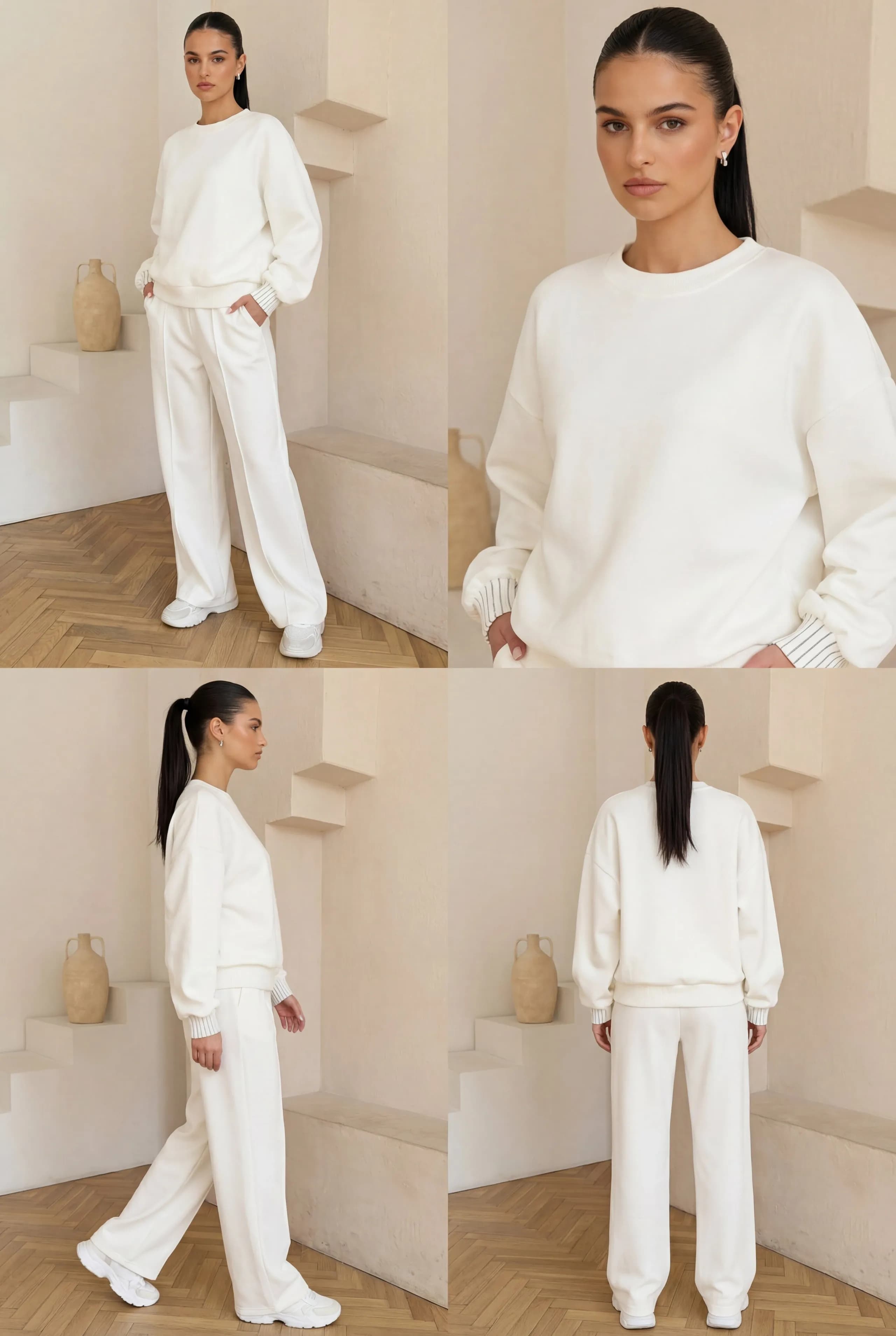 Elegancki komplet dresowy z grubszej bawełny organicznej i biżuteryjnymi ściągaczami w kolorze białym - zdjęcie 4 - Miss Leisure
