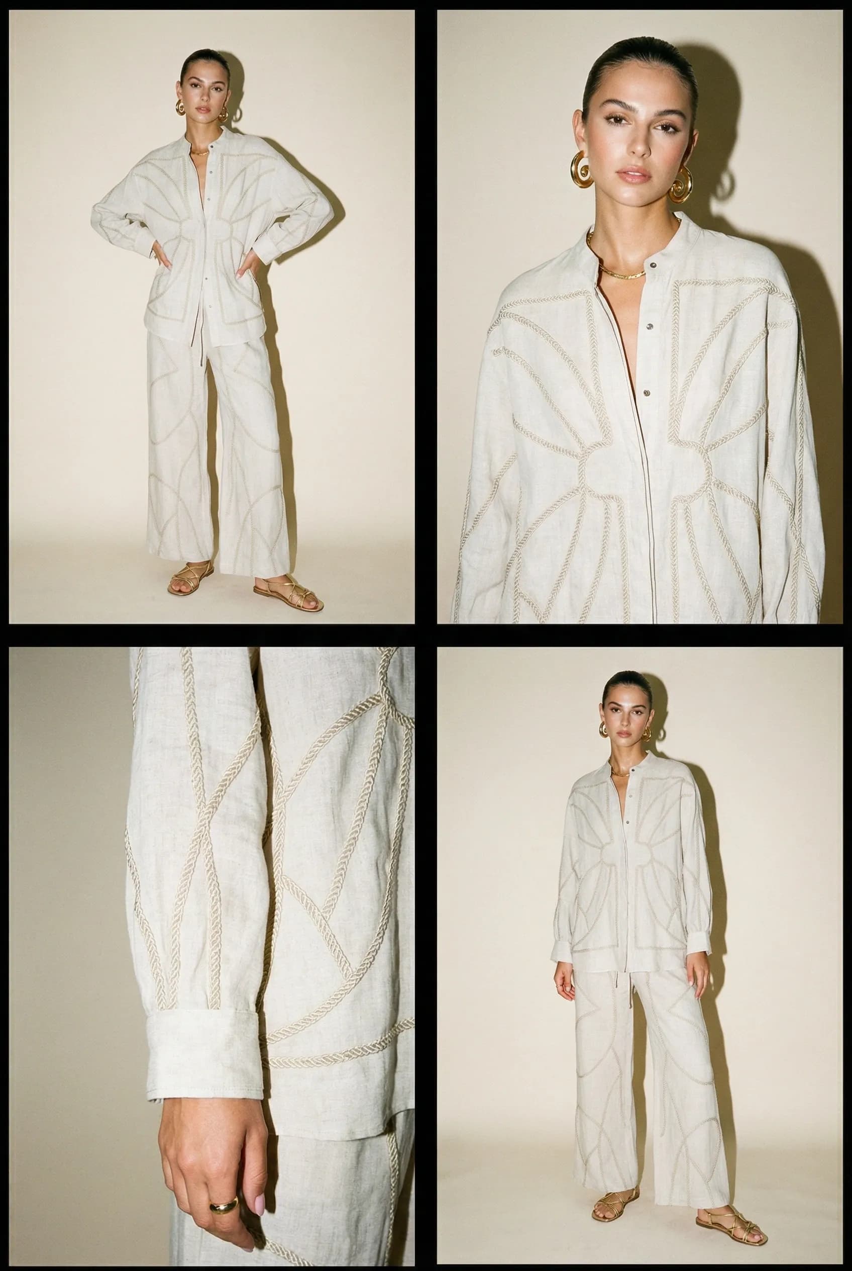 Lniany komplet z dzierganymi przeszyciami w beżowym kolorze - tył - Miss Leisure