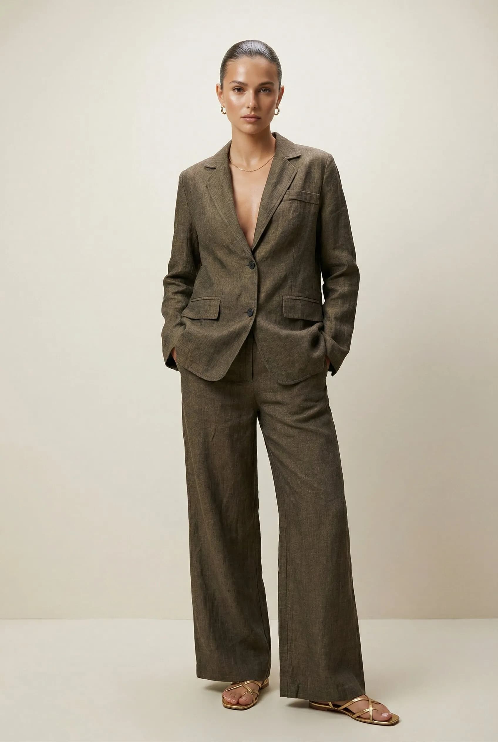 Garnitur lniany z marynarką i szerokimi spodniami w ciemnozielonym kolorze - detal - Miss Leisure