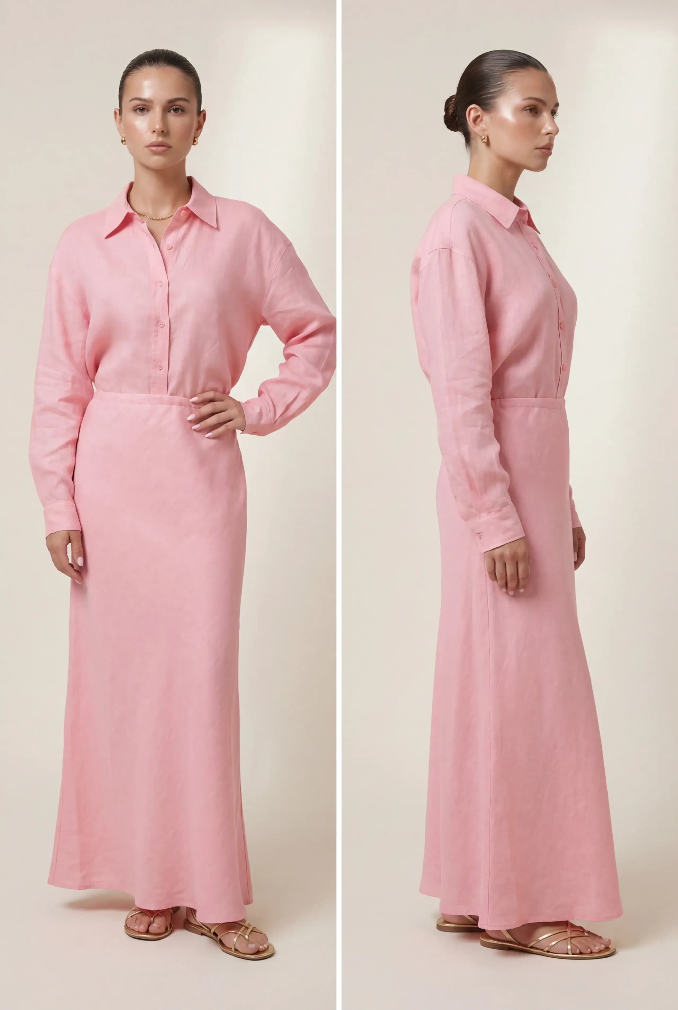 Lniany komplet ze spódnicą maxi oraz koszulą z haftem w jasnoróżowym kolorze - Miss Leisure