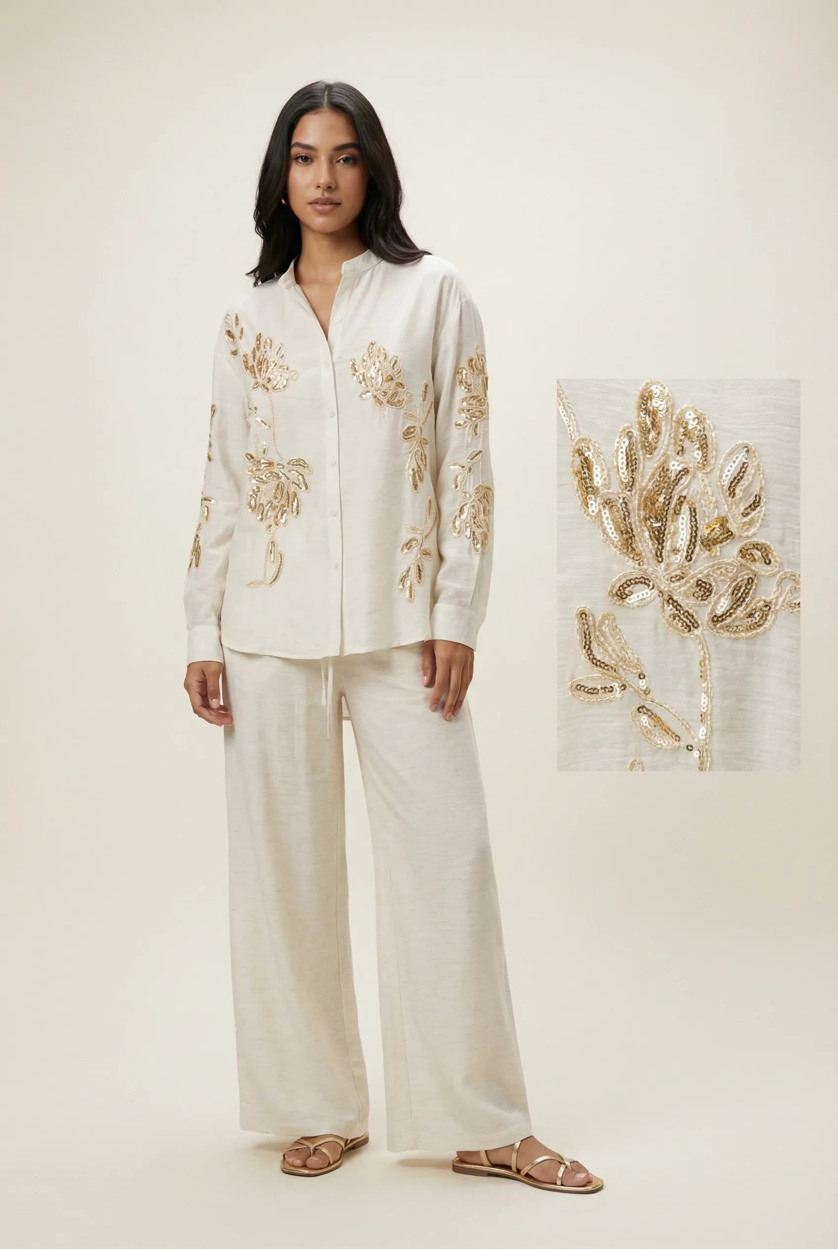 Komplet z bawełny organicznej z cekinowymi elementami w jasnobeżowym kolorze - tył - Miss Leisure