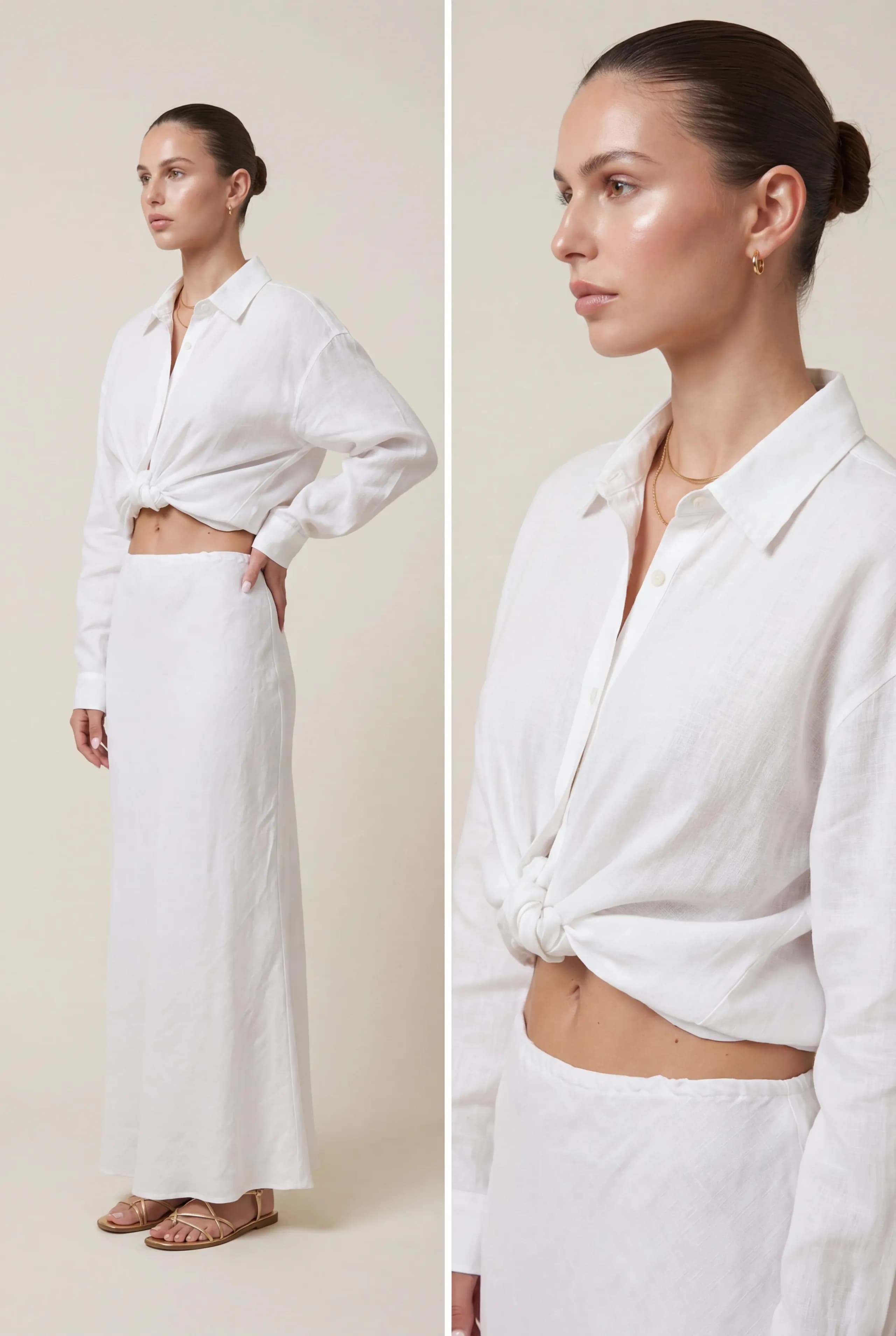 Lniany komplet ze spódnicą maxi oraz koszulą z haftem w białym kolorze - tył - Miss Leisure