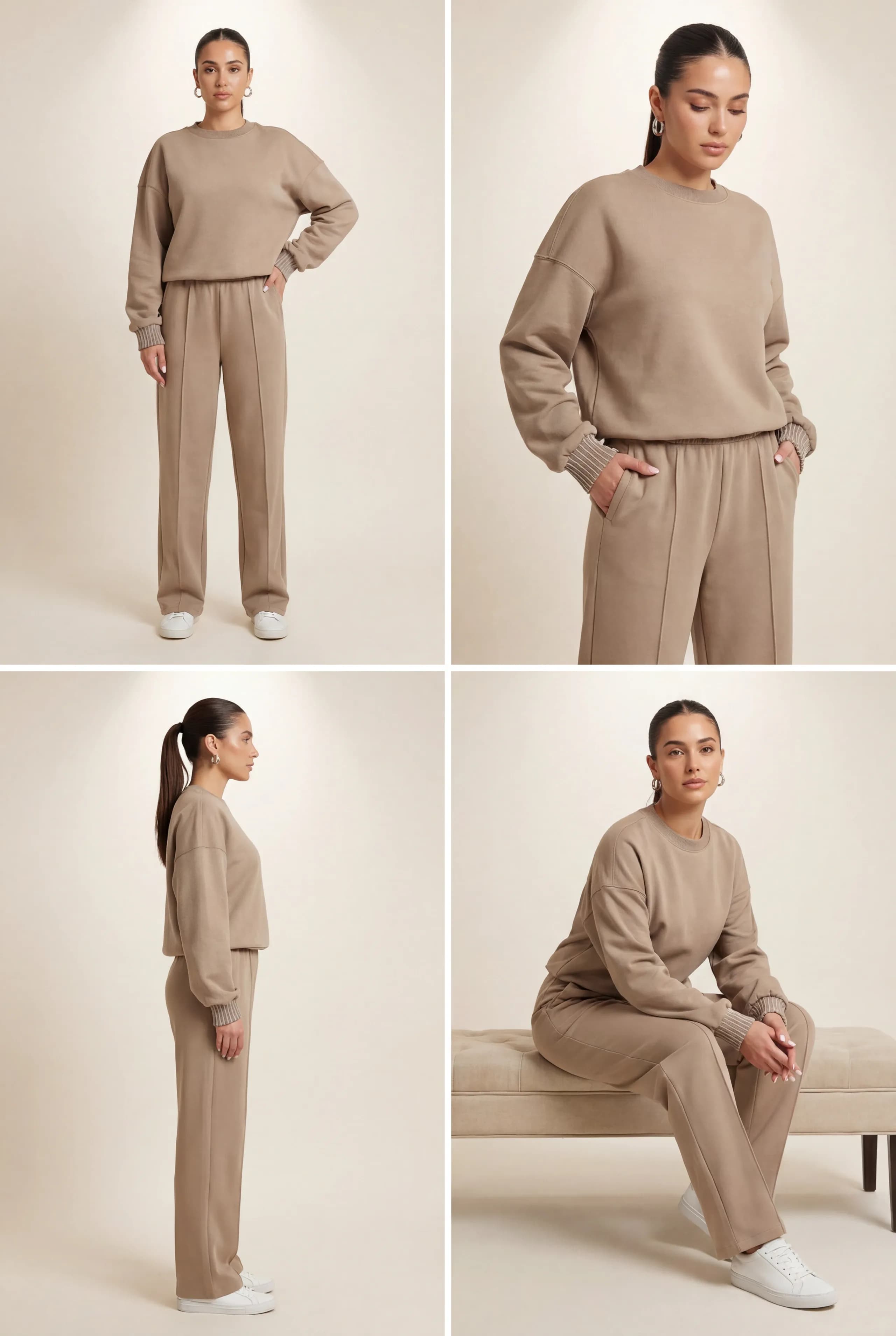 Elegancki komplet dresowy z grubszej bawełny organicznej i biżuteryjnymi ściągaczami w kolorze beżowym - Miss Leisure