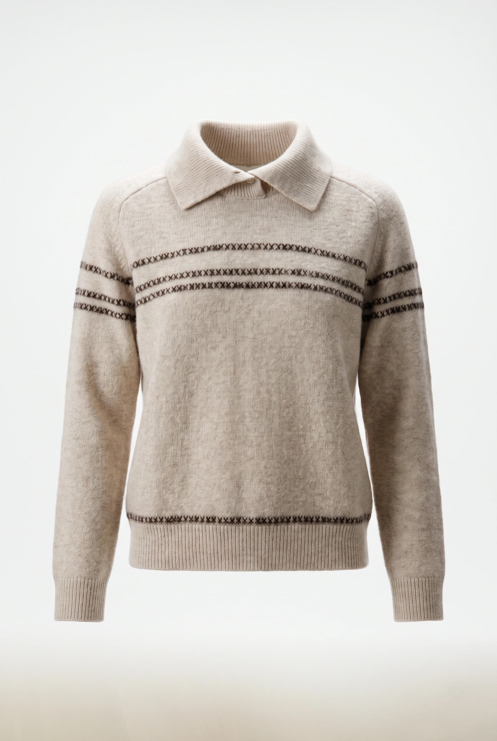 SWETER Z MIESZANKI WEŁNY ORAZ KASZMIRU W SZAROBEŻOWYM KOLORZE.  1