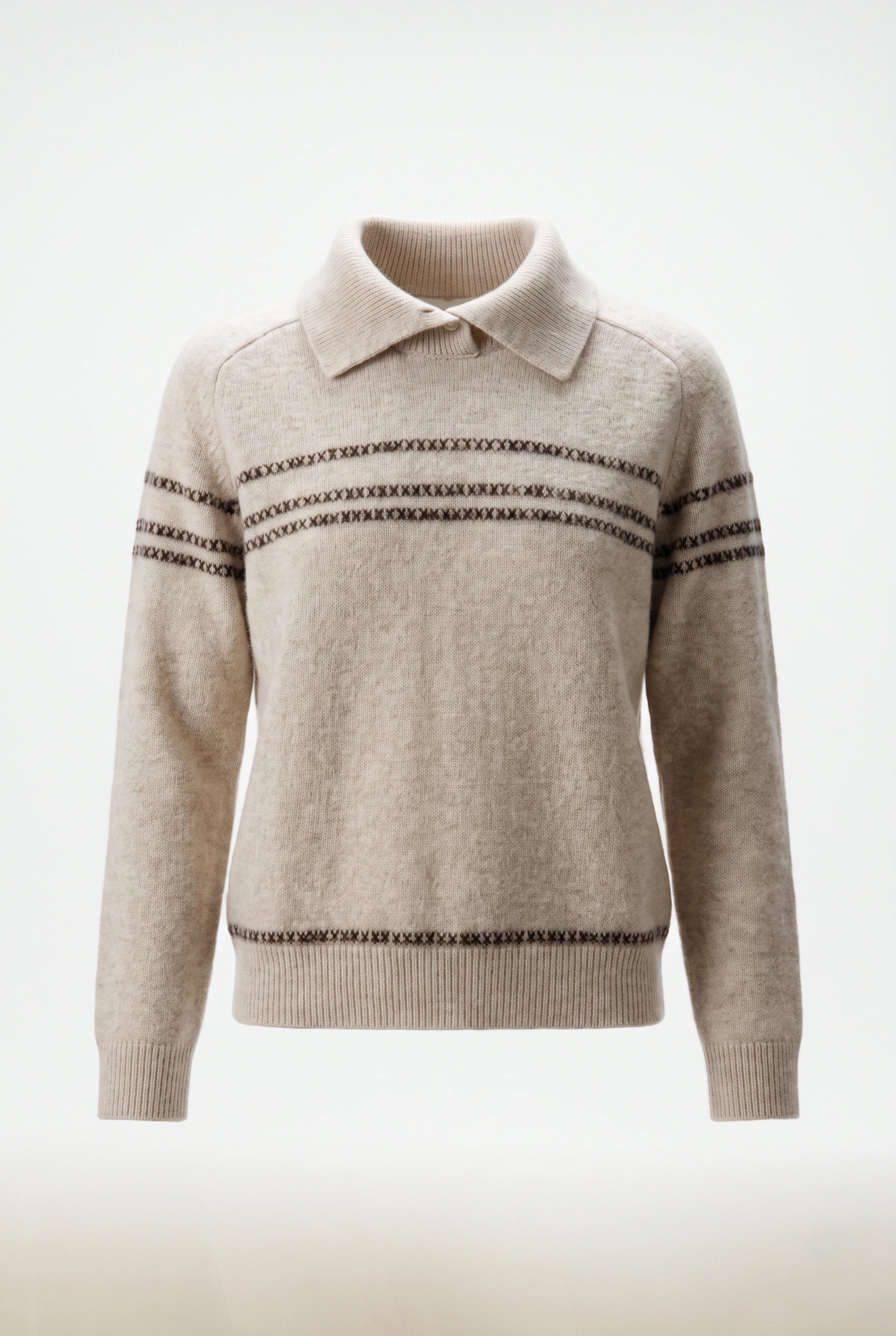 SWETER Z MIESZANKI WEŁNY ORAZ KASZMIRU W SZAROBEŻOWYM KOLORZE.  1