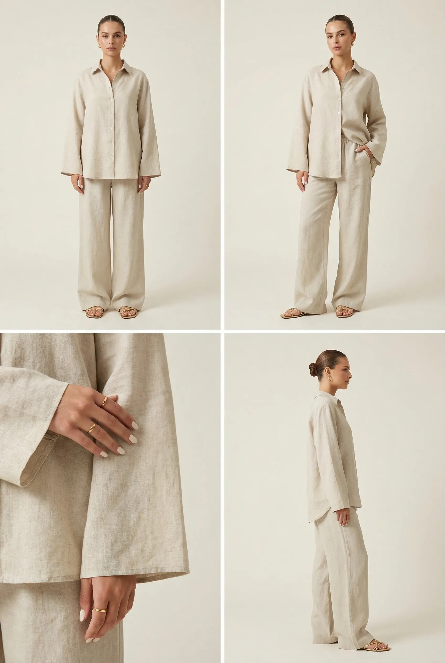 Lniany komplet w stylu boho z szerokimi rękawami w kolorze szarobeżowym - Miss Leisure