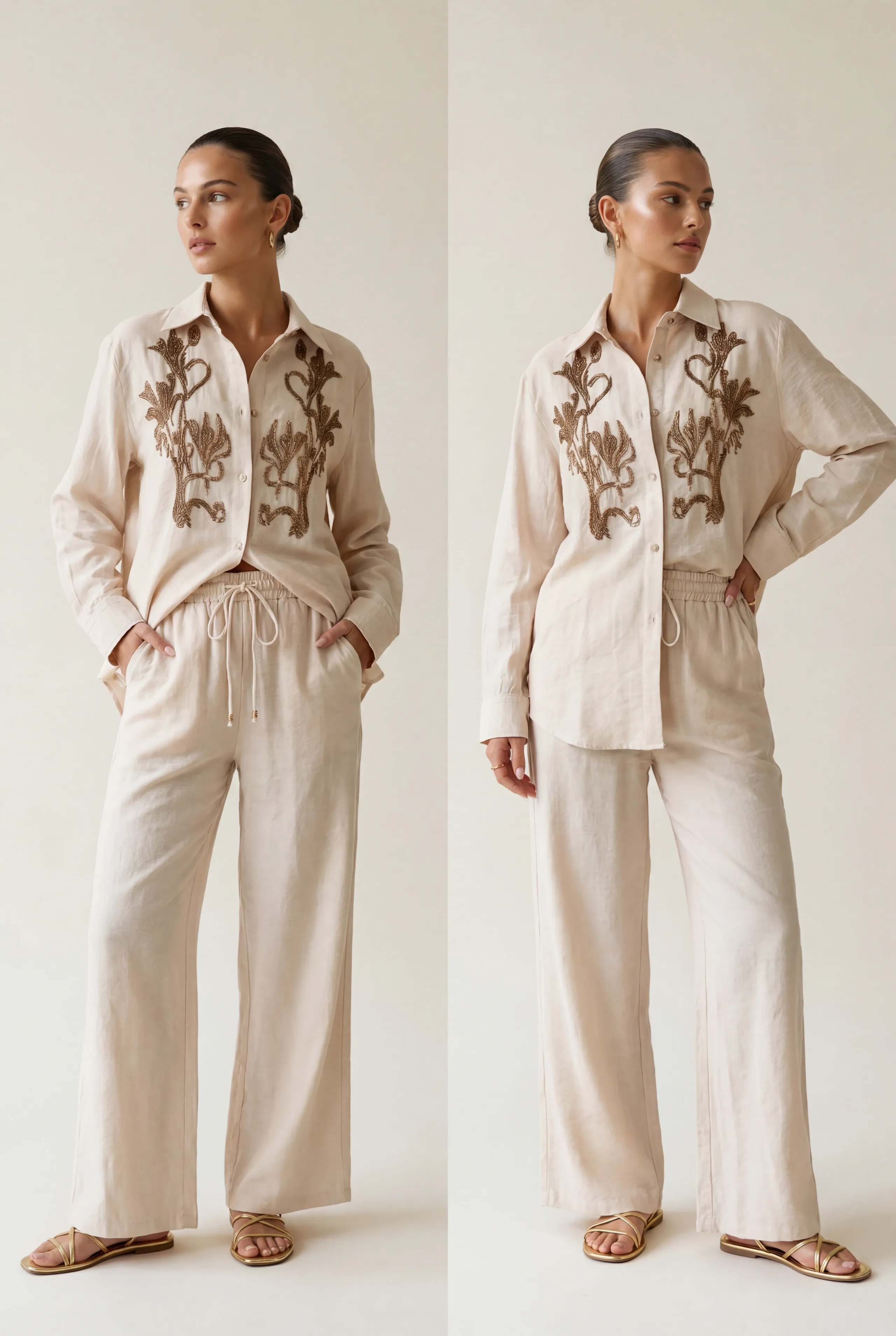 Wyszywany koralikami komplet z bawełny organicznej w beżowym kolorze - Miss Leisure