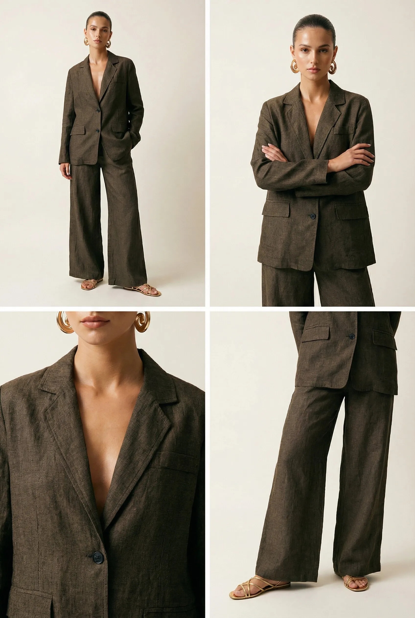 Garnitur lniany z marynarką i szerokimi spodniami w ciemnozielonym kolorze - Miss Leisure