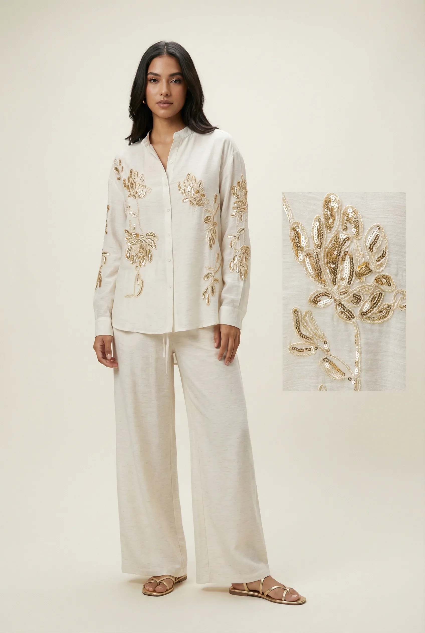 Komplet z bawełny organicznej z cekinowymi elementami w jasnobeżowym kolorze - Miss Leisure