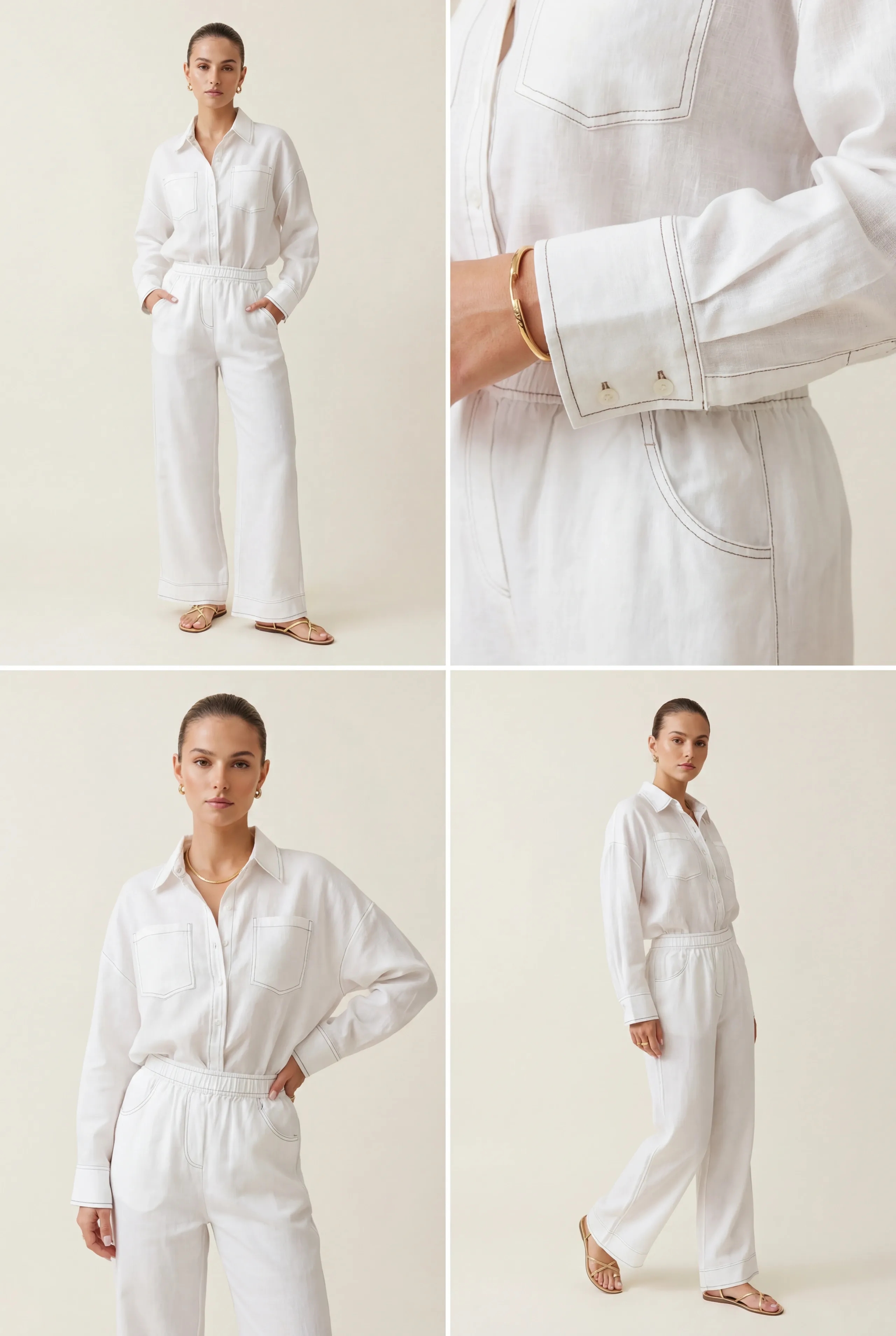 Lniany komplet z kontrastującymi przeszyciami oraz biżuteryjnymi dekoracjami w kolorze białym - Miss Leisure